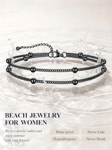 U7 Silver/Gold Ankle Bracelets for Women Layered Chain Anklets Stainless Steel Waterproof Summer Beach Anklet Cham, Adjustable 8.5"-10.5" - color: Black - Layered Ball Chain