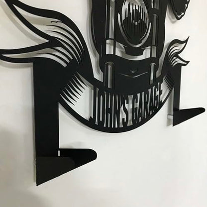 Custom Metal Skull Garage Wall Hanger – Personalized “Your Name Garage” Helmet and Jacket Rack – Handmade Laser Cut Black Steel Wall Art for Motorcycle Lovers Gift (79X89cm/31X40 Inches) - size: 79X89cm/31X40 Inches