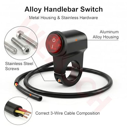 Universal 7/8" 22mm Motorcycle Handlebar Switch, 12V Waterproof Handle Bar ON Off Toggle Switch with Red LED Indicator Light for Motorcycle ATV Dirt Bike Scooter Marine Fog Light