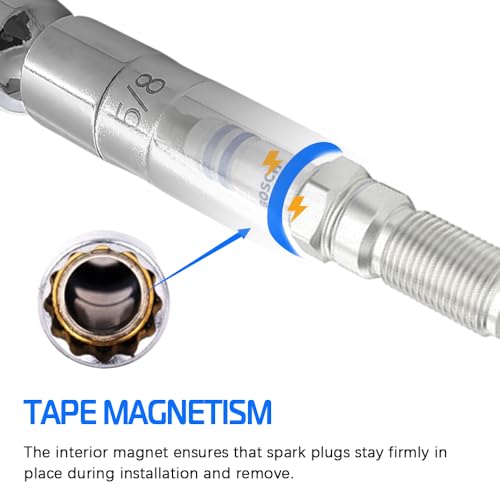 A ABIGAIL 5/8" Swivel Magnetic Spark Plug Socket 3/8 Inch Drive x 4" Total Length 12-Point 360 Degree Swivel Thin Wall Spark Plug Socket Removal Tool Cr-V Steel - size: 5/8”- 4inch