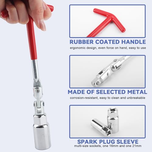 Spark Plug Wrench, Spark Plug Socket Set with 5/8" (6mm) & 13/16"(21mm) Sockets, Universal T-Handle Spark Plug Removal Tool for Motorcycles, Lawn Mowers, Small Motor Vehicles