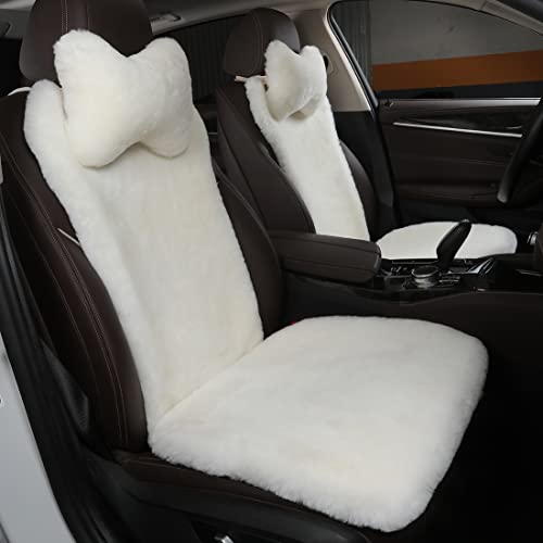 OGLAND 2 Pack Fluffy Fuzzy Fur Sheepskin Car Seat Covers for Universal Auto Plush Seat Cushion Accessories (White) - color: White