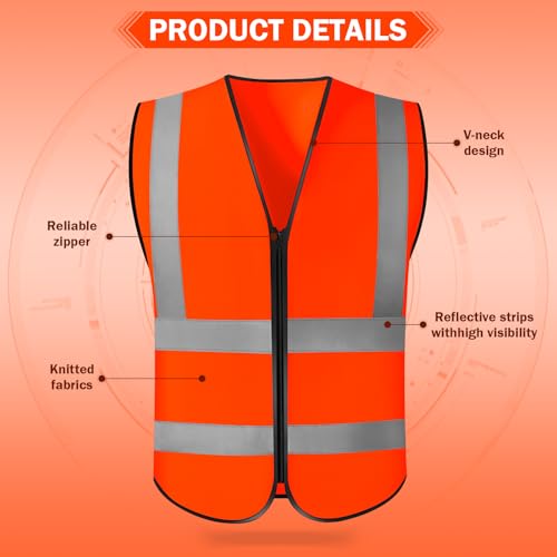 CHGANG Safety Vest, Reflective Hi Vis Vest with Zipper, High Visibility vest for Construction, Traffic - color: Orange