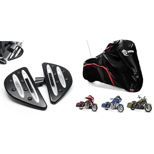 MZS Motorcycle Passenger Foot Pegs, 360° Roating Touring Floorboards + Motorcycle Cover Waterproof Outdoor, 420D All Season Weather Compatible with Dyna Electra Road Street Glide Road King Softail