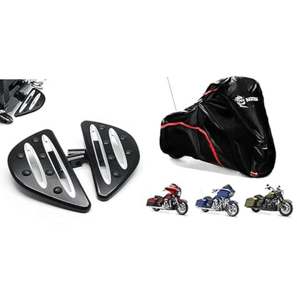 MZS Motorcycle Passenger Foot Pegs, 360° Roating Touring Floorboards + Motorcycle Cover Waterproof Outdoor, 420D All Season Weather Compatible with Dyna Electra Road Street Glide Road King Softail