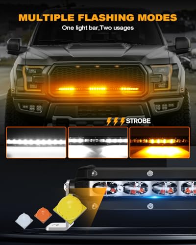 [White & Amber Strobe] 20 inch LED Light Bar Single Row [Straight] White Driving Light, Police Flashing Warning Lamp with Wiring Harness for Off-Road SUV UTV Car Pickup Truck - color: 20in [Straight][White & Amber Strobe]