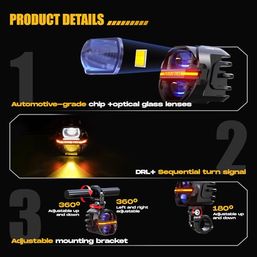 Future Eyes Motorcycle Fog Lights 120W LED Amber Auxiliary Driving Lights with DRL & Strobe, IP67 Waterproof Motorcycle Light for Night Riding, Off-Road, Dirt Bike, ATV, UTV, Golf Cart