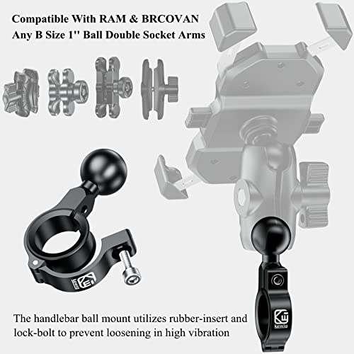 BRCOVAN Aluminum Alloy Handlebar Mount Base with 1'' TPU Ball | Compatible with RAM Mounts B Size 1 Inch Ball Double Socket Arm, for Round Rail Diameter 0.5'' 0.87'' 1'' 1.125'' 1.26'' - style: R3-Set of 1