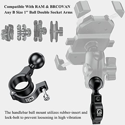 BRCOVAN Aluminum Alloy Handlebar Mount Base with 1'' TPU Ball | Compatible with RAM Mounts B Size 1 Inch Ball Double Socket Arm, for Round Rail Diameter 0.5'' 0.87'' 1'' 1.125'' 1.26'' - style: R3-Set of 1