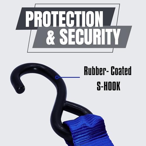 Ratchet Tie Down Straps, 1.5 inch x 12ft, 4400 LBS Break Strength for ATV, UTV, Motorcycle, Pickup Truck, Trailer, Rubber Coatded S-Hook and Soft Loop-4 Pack - color: Blue
