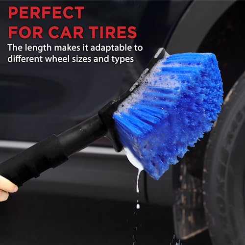 TAKAVU 17.5" Wheel Tire Body Brush Stiff Bristle - Gentle Car Wash Brush Long Handle for Safe Tire Sidewall & Wheel Cleaning - Scratch - Free Automotive Tool (Blue) - color: Blue