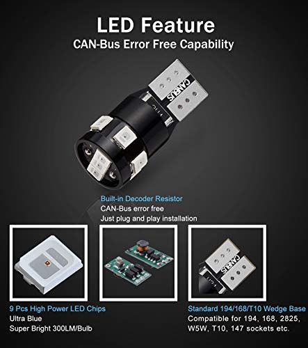 300LM Extremely Bright Canbus Error Free 194 168 2825 W5W T10 LED Bulbs Ultra Blue 9-SMD 2835 LED Chipsets for Dome Map Door Courtesy License Plate Lights (Pack of 4) - color: Ultra Blue