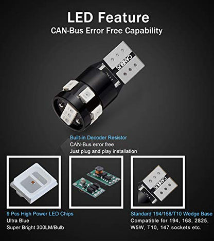 300LM Extremely Bright Canbus Error Free 194 168 2825 W5W T10 LED Bulbs Ultra Blue 9-SMD 2835 LED Chipsets for Dome Map Door Courtesy License Plate Lights (Pack of 4) - color: Ultra Blue