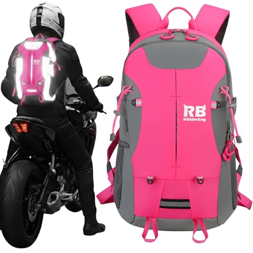 Reflective Motorcycle Backpack – Hi Viz EDC Commuter Bag for Riders, Night Travel, and Daily Use with Helmet Holder, Laptop Compartment, Ventilated Back, Urban Gear (pink backpack) - color: Pink