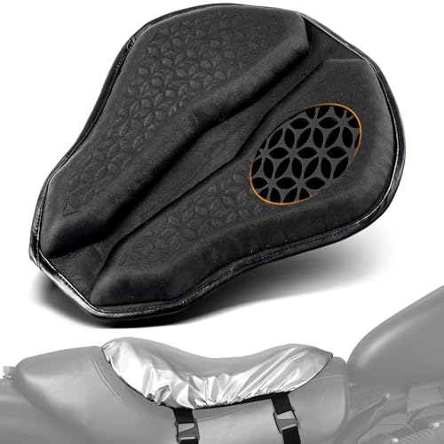 PBYMT Universal Motorcycle Gel Seat Pad, Motorcycle Seat Cushion with Sunshade Cover, Large 3D-Honeycomb Structure TPE Shock Absorption and Breathable for Long Rides