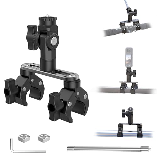 All-in-One Super Clamp Camera Mount & Adjustable Arm Stand with Extension Rod – Dual Ball Head Clamp Mount for Motorcycle, Bike, Tripod with 1/4" Adapter Fits Insta360, GoPro and DJI Action etc