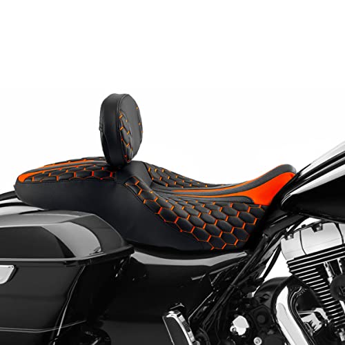 C.C. RIDER Motorcycle Seat Driver Passenger Touring Seat with Backrests for Harley Davison Electra Glide Classic Street Glide Road Glide 2009-2023 - color: Black Orange Seat + Rider Backrest
