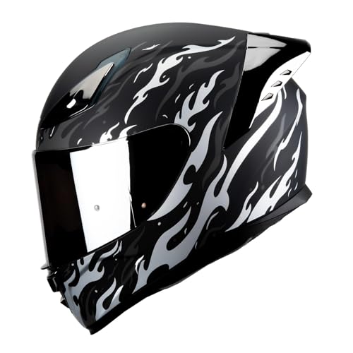 HAX Onix Full Face Motorcycle Helmets DOT Approved, Pinlock Ready & Intercom Slot , Motorbike Powersports Street Racing for Men Women（Flame Matte Blk-Slv, S) - color: Black & Silver, size: Small