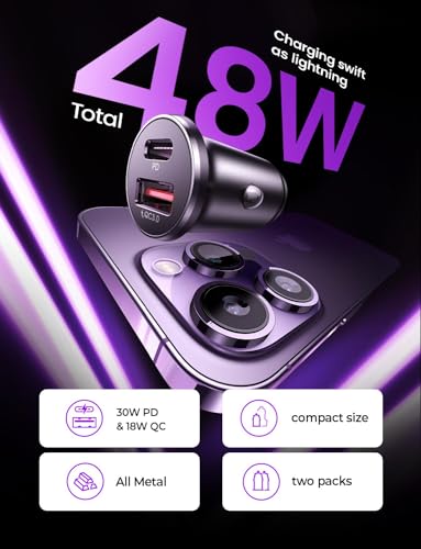 LISEN USB C Car Charger Adapter [2 Pack] [Mini & Metal] Cigarette Lighter USB Charger Fast Charging [PD QC 3.0] USBC Car Phone Charger for iPhone 15 Pro Max Plus 14 Samsung Galaxy S23 iPad Pro, Purple | Cigarette Lighter Charger, USB C Car Charger Fast Ch