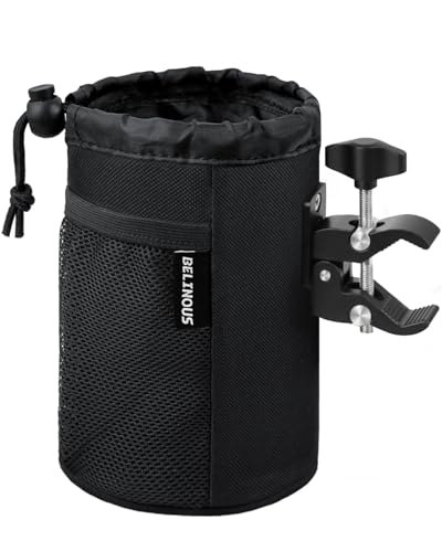 Belinous Motorcycle Cup Holder with 0.75"-1.5" Alligator Clamp, Drink Holder up to 32oz with Mesh Pockets, Universal Water Bottle Holder for Motorcycle, Bicycle, ATV, Wheelchair, e-Bike, Boat (Black) - size: Large