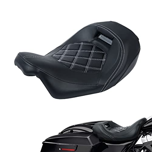 TCT-MOTORPARTS Low-Profile Driver Seat Front Solo Seat Fits for Harley Touring 2009-2023 Electra Street Road Glide CVO Road King White Stitching - color: Driver Seat White