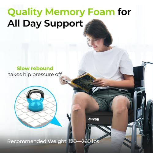 AUVON Cooling Gel Wheelchair Seat Cushion for Long Sitting, Memory Foam Seat Cushion for Tailbone & Back & Sciatica Relief, Breathable Chair Cushion with Strap for Car, Office, Home, Anti-Slip