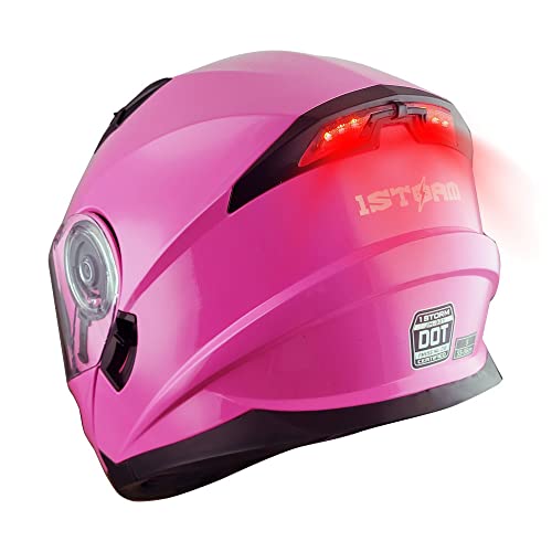 1Storm New Motorcycle Bike Modular Full Face Helmet Dual Visor Sun Shield with Rechargeable LED Tail Light: Glossy Pink - color: Glossy Pink, size: X-Large