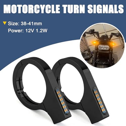 Motorcycle Turn Signals LED 38-41mm Front Fork Lights Indicator Clamps Amber Lamp 12V Fit for Harley Honda Yamaha Suzuki Indian Kawasaki Chopper Bobber Custom Cafe Racer - size: 38-41mm
