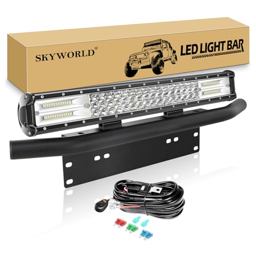SKYWORLD LED Light Bar, 7D 20 inch 288W Spot Flood Combo Beam Work Driving Lamp with Black License Plate Mounting Bracket Wiring Harness Kit for Truck Car ATV SUV 4X4 Truck Boat - size: Light + Bracket + 12V Wiring