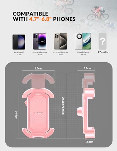 ROCKBROS Bike Phone Holder - Motorcycle & Scooter Mount, Adjustable, Shockproof, Security Lock, 4.7'-6.8' Phones - color: Handlebar Mount Pink