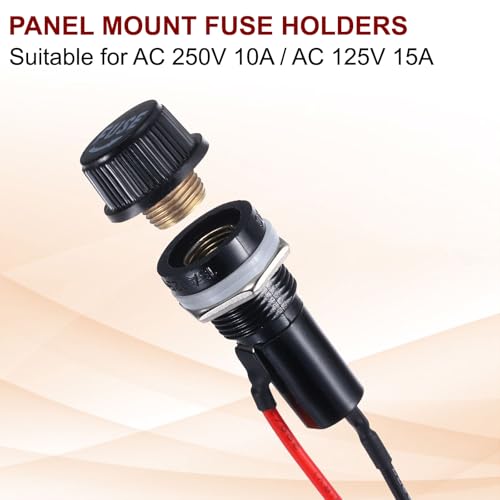 MECCANIXITY 5Pcs Panel Mount Fuse Holder 6x30mm AC 250V 10A/AC 125V 15A Screw Cap Fuse Holders with Pre-Soldered Wires,Round Shape Port - size: 6x30mm