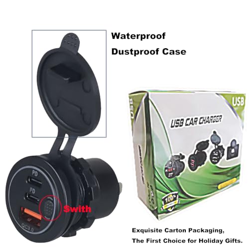 3 Ports 18W USB Car Charger with Switch, 12-24V QC 3.0 USB & Dual PD USB C Cigarette Lighter Socket Outlet, Dashboard Mount Quick Charger for Car Motorcycle Truck Marine Boat, Red Light - color: Red Light
