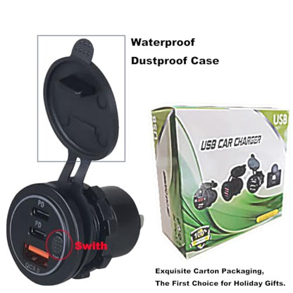 3 Ports 18W USB Car Charger with Switch, 12-24V QC 3.0 USB & Dual PD USB C Cigarette Lighter Socket Outlet, Dashboard Mount Quick Charger for Car Motorcycle Truck Marine Boat, Red Light - color: Red Light