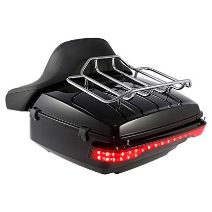 XFMT-moto-part King Trunk W/Black Latches Backrest Chrome Luggage Rack LED Light For Harley Touring Trunk Road King Street Glide Road Glide Electra Glide 2014-2025 - color: W/ Black Latches Red Lens Light & Chrome Rack