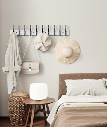 Optish 2 Pack Wooden Coat Rack Wall Mount, 16.1" Rustic Coat Hanger Hooks with 10 Double Hooks, Wall Coat Rack for Hat, Clothes, Bags, Jacket, Brown, White - color: White