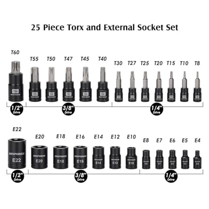 MIXPOWER 25 Piece Torx Bit and Socket Set, 13 Star Bits (T8- T60) & 12 E-Torx Sockets (E4-E22), Professional Grade Auto & Motorcycle Mechanic Set - size: T8-T60,E4-E22(25PCS)
