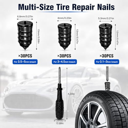 91 PCS Tire Screw Plug Repair Kit, 3 Sizes Rubber Tire Repair Screws with Screwdriver, Tire Sidewall & Puncture Fix, Quick Self-Service Flat Tire Repair for Car, Truck, Motorcycle, SUV