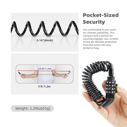 Small Combo Bike Lock Cable, Retractable Combination Cable Lock with Code, for Travel Safe Luggage, Suitcase, Scooter Ebike Bicycle Motorcycle Helmet Anti Theft, Outdoor Ski Snowboard