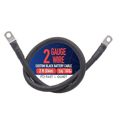 2 AWG Battery Cable with Battery Terminals, Pure Copper Wire, Automotive, Solar Power Inverter, Welding, Golf Cart, Lawn Mower, Motorcycle (Black Wire, 2 FT (24 in), 1/4" Lugs on Both Ends, 1pc) - color: Black, size: 2 FT 1/4" Lugs