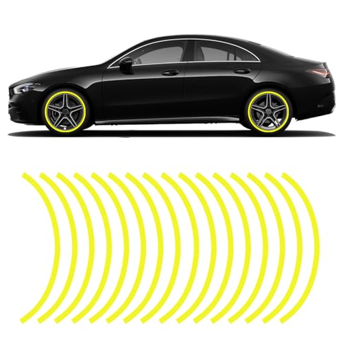 16PCS Reflective Car Wheel Decorative Stripe Stickers, Anti Scratch Vehicle Night Safety Warning Tape Decal, Universal Automotive Exterior Tire Rims Sticker Accessories for Most Vehicles (Yellow) - color: Fluorescent Yellow