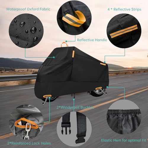 Motorcycle Cover Waterproof Outdoor Storage with Lock-Holes, Zipper Storage Bag & Night Reflective Design, All Season Protection Powersports Vehicle Covers Fits up to 86.5" Motorcycles - size: 86.5"