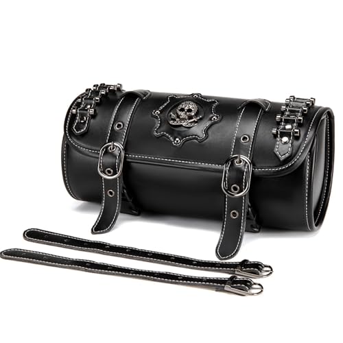 Motorcycle Tool Bag, Black PU Leather, Skull Design, Universal Waterproof Saddlebag for Front Fork Handlebar，Front Fork, Tail Rack (FBG378BK) - color: FBG378BK