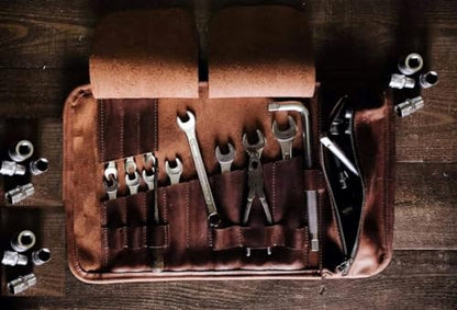 DarkRabbit Leather Roll up Tool Bag, 17 Pcs Tool Organizer, Motorcycle Tool Roll Bag, Motorbike Saddlebag, Wrench Organizer, Storage Accessory Pouch, Biker Essentials (Brown)