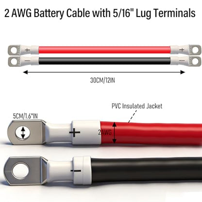 2AWG Battery Cable with 5/16'' Lug Terminals, 2AWG Gauge Pure Copper Battery Inverter Cables, 12inch 2AWG Marine Battery Cable for Welding Solar Panel Automotive Car Motorcycle RV Marine