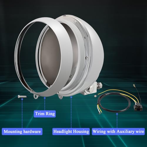 7" Headlight Shell Kit - Chrome Headlamp Light Bulb Bucket Housing w/Trim Ring, H4 Auxiliary Wiring Harness for Harley Davidson Heritage, Fat Boy, Softail 1986-2011,Replace for 67789-91