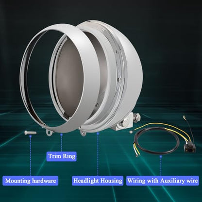 7" Headlight Shell Kit - Chrome Headlamp Light Bulb Bucket Housing w/Trim Ring, H4 Auxiliary Wiring Harness for Harley Davidson Heritage, Fat Boy, Softail 1986-2011,Replace for 67789-91