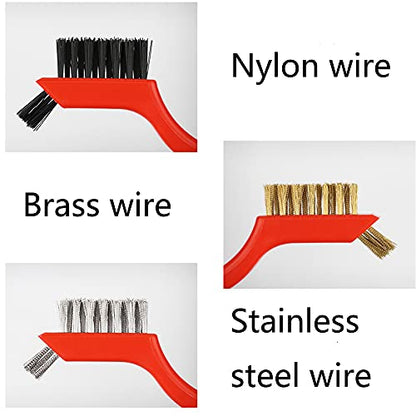Wire Brush Set for Cleaning Rust Removal in Holes, 3pcs Brass/Stainless Steel/Nylon Brushes - color: Red