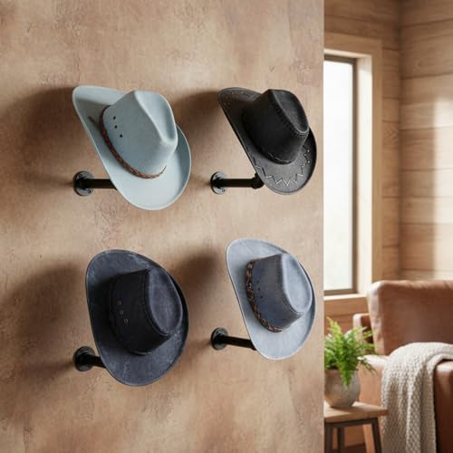 Cowboy Hat Rack -2 Pack Black Metal Pipe & Brown Wood Wall-Mounted Hat & Wig Holder, Hanging Motorcycle Helmet Holder Rack, Rustic Wood Helmet Hooks, Easy Storage for Coats, Hats, Caps