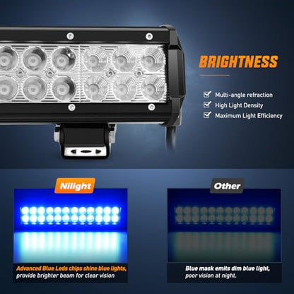 Nilight LED Light Bar 12 Inch 72W Spot Flood Combo Blue Beam Off Road Lights Fishing Hunting Emergency Deck Boat Work Lighting for Trucks UTV Pick-up Van Boat Tractor - color: Blue