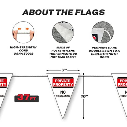 "Private Property No Trespassing" Innovative Printed White Pennant Banner Flag, 37t Length - OSHA Certified - size: 7"x10"x37Ft, style: White Warning